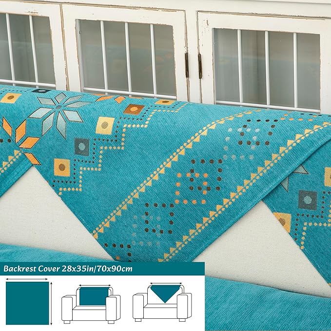 Boho Chenille Couch Covers,Geometric Couch Covers for Sofa,Chenille Couch Cover Non Slip,Sectional l Shaped Sofa Furniture Protector Cover for Home Decor,Lake Blue_Backrest 28x35in/70x90cm