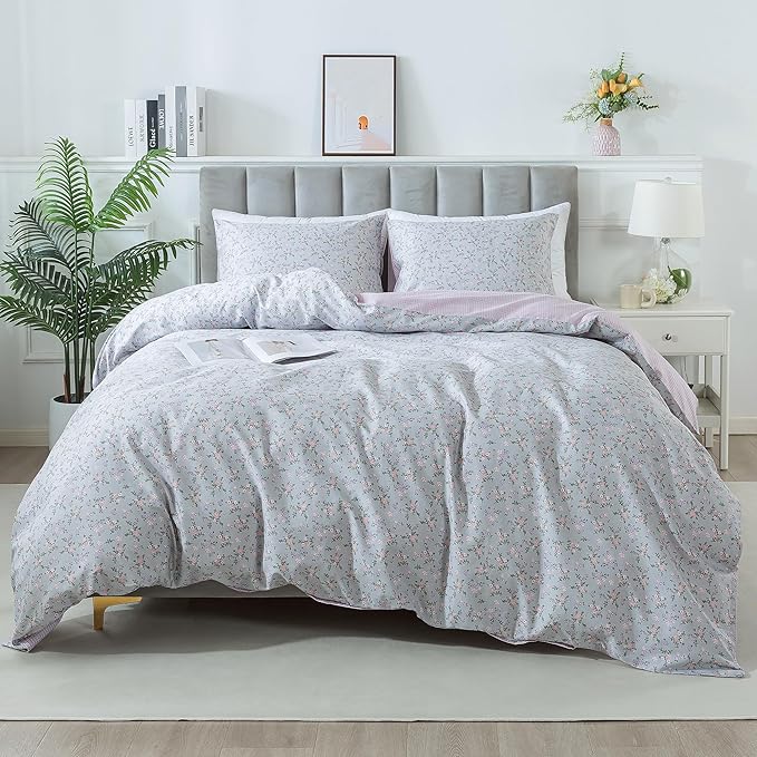 HoneiLife Floral Duvet Cover Queen - 100% Cotton Comforter Cover, Botanical Bedlinen Set with Zipper Closure & Corner Ties, 3-PC Wildflower Comforter Cover Sets
