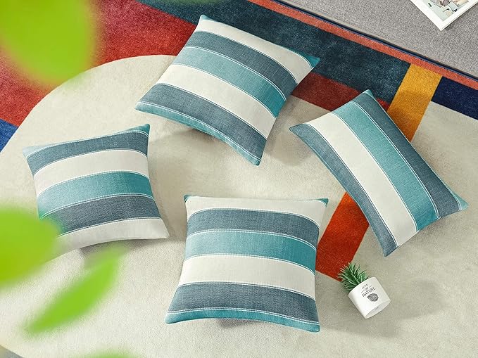 AmHoo Pack of 2 Farmhouse Stripe Check Throw Pillow Covers Set Case Cotton Linen Decorative Pillowcases Cushion Cover for Couch Bench Sofa 22x22Inch Teal Blue