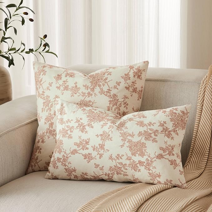 100% Cotton French Pastoral Throw Pillow Covers Set of 2, 22x22 Inch Terracotta Farmhouse Decorative Cushion Covers for Sofa Bed Living Room Home Decor