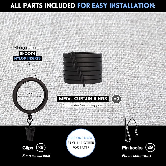 BlastHome® Luxury Curtain Rings - Premium Metal with Quiet, Smooth Nylon Inserts - Pinhooks and Clips Included - 1 1/2" Inside Diameter - 9 Rings for One Standard Curtain - Brushed Dark Brown