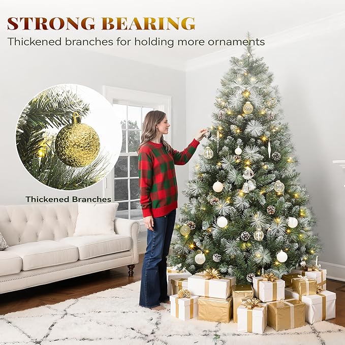 YITAHOME 7.5ft Prelit Scotch Pine Christmas Tree with Remote Control, Pre-Decorated Frosted Christmas Tree with Pine-Cones & Needles, Warm White/Multicolor Changing Lights for Home/Office