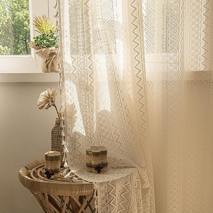 Sutuo Home Boho Curtains 84 Inches Length for Bedroom, Window Treatments Bohemian Sheer Crochet Lace Vintage Drapes Pair, Beige Wave Knitted with Handmade Tassels Rod Pocket, 52" x 84"，2 Panels