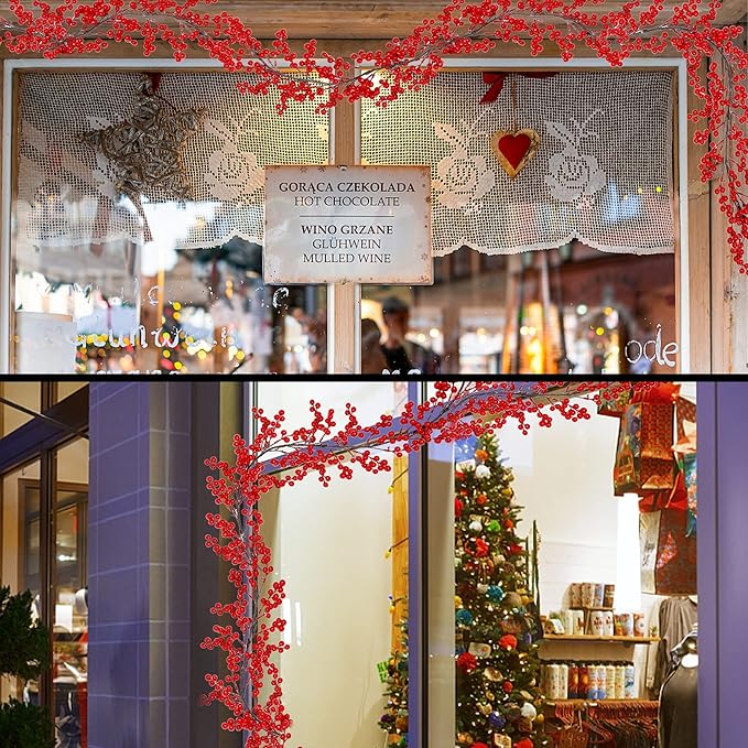 Lulu Home Red Berry Garland, 8.9FT Flexible Artificial Christmas Holly Berry Vine, Winter Berry Garland for Mantle Xmas Tree Window Door Hanging Indoor Outdoor Holiday Decoration (1)
