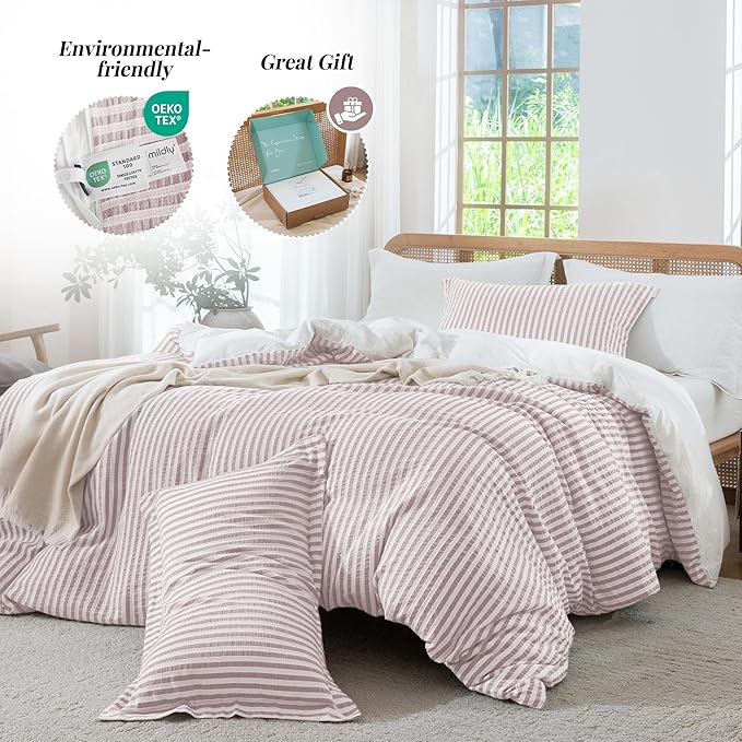 MILDLY Jacquard Stripe Duvet Cover - 100% Washed Cotton Pale Pink Boho Textured Comforter Cover 3pcs with Zipper Closure 80"x90"