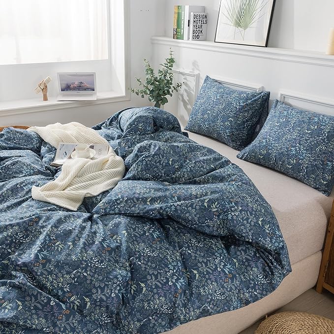 HoneiLife King Duvet Cover Set - 100% Cotton Comforter Cover, Floral Bedlinen Set with Zipper Closure & Corner Ties, 3-pcs(1Duvet Cover+2 Pillow Case)-Herbs