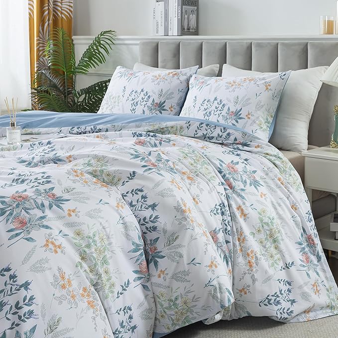 HoneiLife Floral Duvet Cover Queen - 100% Cotton Comforter Cover, Botanical Bedlinen Set with Zipper Closure & Corner Ties, 3-pcs Wildflower Comforter Cover Sets