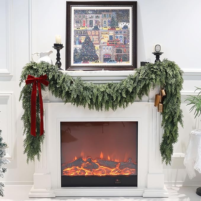 4PCS 9FT Artificial Cedar Garland for Christmas Decoration - Realistic Winter Greenery Garland for Mantel, Fireplace, Table, Door, Holiday Indoor Outdoor Decor
