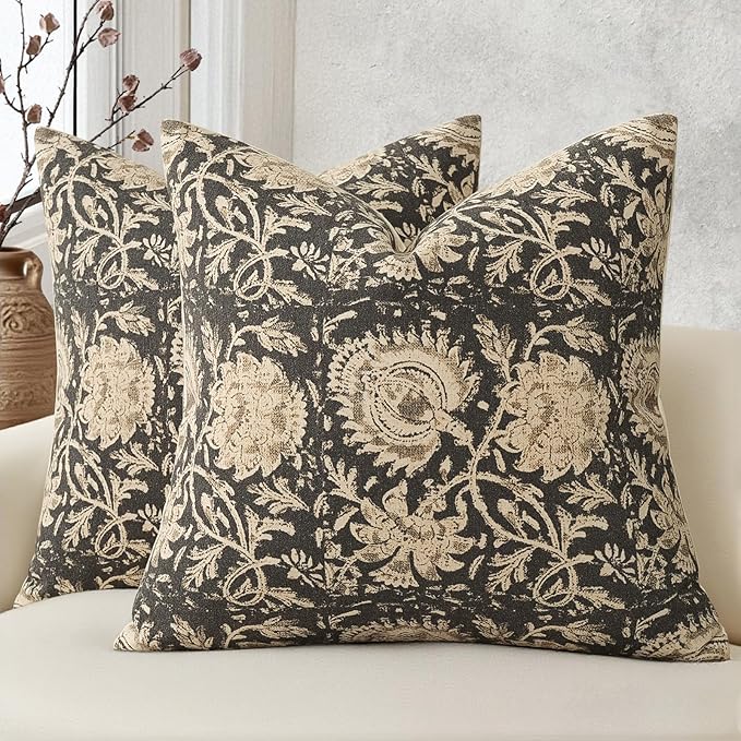Vintage Floral Print Throw Pillow Covers 20x20 Set of 2 Neutral Modern Farmhouse Pillowcases Accent Decorative Cushion Covers Boho Home Decor for Couch Sofa Chair Bed Living Room, Black