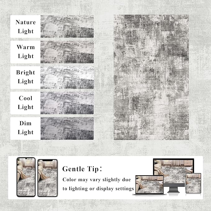 3x5 Modern Abstract Rug Washable Area Rugs for Living Room Bedroom Dining Room Non-Slip Low Pile Neutral Large Rug Soft Indoor Floor Carpet, Gray
