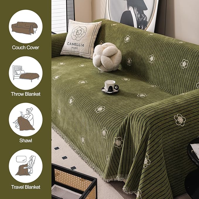 ROOMLIFE Green Sofa Cover, Extra Large Boho Couch Cover Sofa Covers for 3 Cushion Couch, Soft Chenille Sofa Cover for Dog, Washable Furniture Sofa Protector Cover Blanket with Tassel 71 '' X 150''