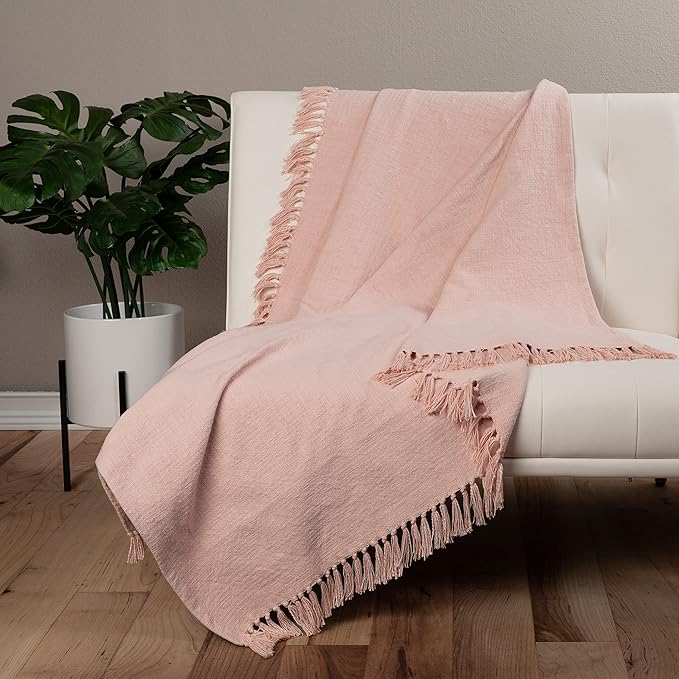 Sticky Toffee Woven Cotton Throw Blanket 60x50 in – Blush Pink Textured Blanket with Fringe for Couch or Bed, Thick and Durable, Boho Decorative Style
