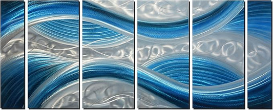 Handmade Abstract Metal Wall Art with Soft Color, Large Scale Decor in Blue Line Design Metal Art, 3D Artwork for Indoor Outdoor Wall Decorations, Decorative hanging in 6-Panels Measures 24"x 65"