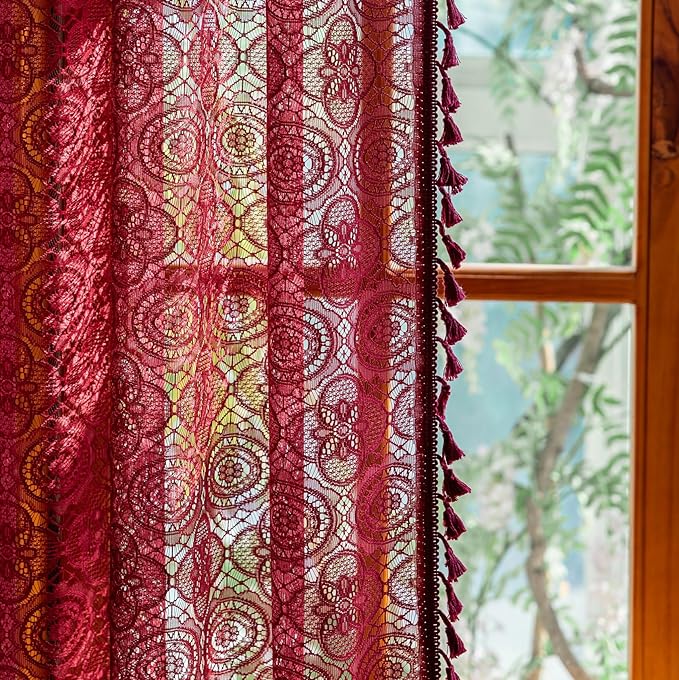 YJ YANJUN Burgundy Sheer Lace Curtains 63 inch Length with Tassel for Bedroom Boho Maroon Curtain for Living Room Light Filtering Crochet Bay Window Curtains Set of 2 W59 x L63 Dark Red