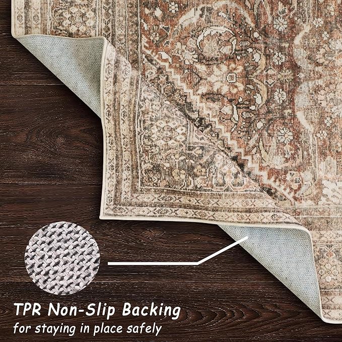 vivorug 5x7 Area Rugs - Ultra-Thin Washable Rug with Non-Slip Backing, Ideal for Living Room, Bedroom, Kitchen Floor Carpet - Vintage, Easy Clean, Durable, Earth Tone