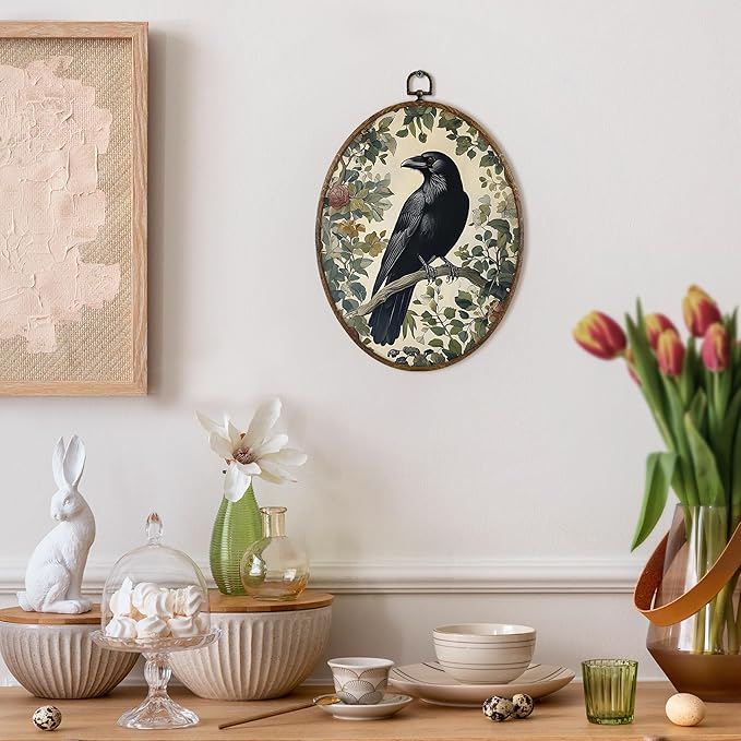 KFXHANGD Gothic Black Raven Crow Oval Wall Art Framed, Vintage Dark Academia Rustic Raven Botanical Canvas Wall Art Decor, Moody Crow Hanging Decor for Bedroom Living Room, 8.7x11.3 In