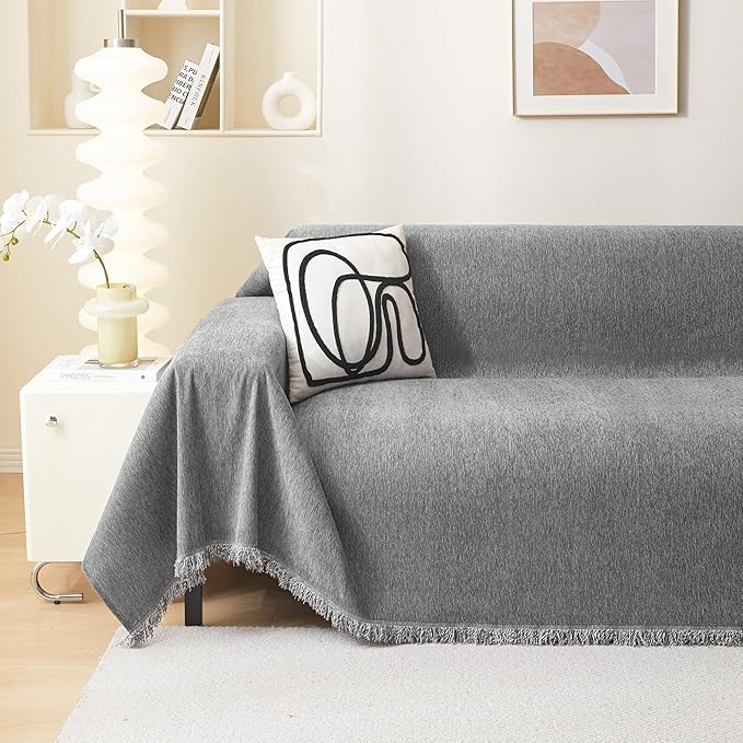 MEETSKY Couch Cover 91 Inch Large Couch Covers for 3 Cushion Couch with Tassel Edge, Modern Couch Cover for Dogs Washable Pet Sofa Slipcover for Cats Universal Sofa Throw Cover, 91"x150", Grey