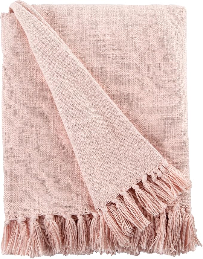 Sticky Toffee Woven Cotton Throw Blanket 60x50 in – Blush Pink Textured Blanket with Fringe for Couch or Bed, Thick and Durable, Boho Decorative Style