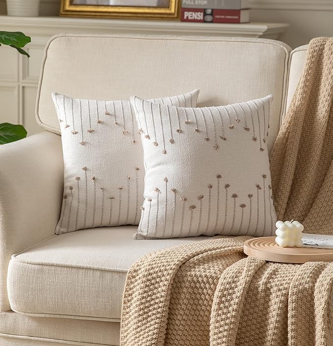 Caflife Boho Throw Pillow Covers 20x20 Set of 2 Decorative Pillows for Bed, Neutral Pillow Covers Beige with Tan Line Throw Pillows for Modern Farmhouse Couch Sofa Living Room Outdoor