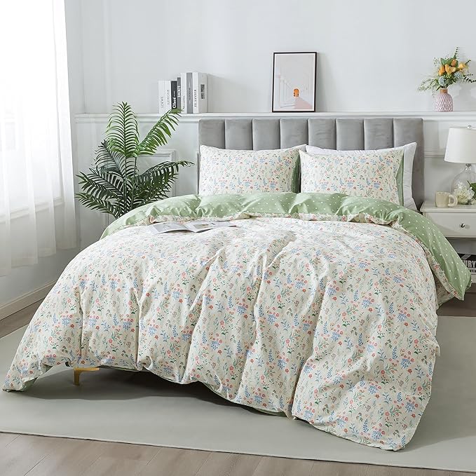 HoneiLife Duvet Dover Queen Size - 100% Cotton Bedlinen Set, Floral Comforter Cover with Zipper Closure & Corner Ties, 3-PC Wildflower Comforter Cover Sets