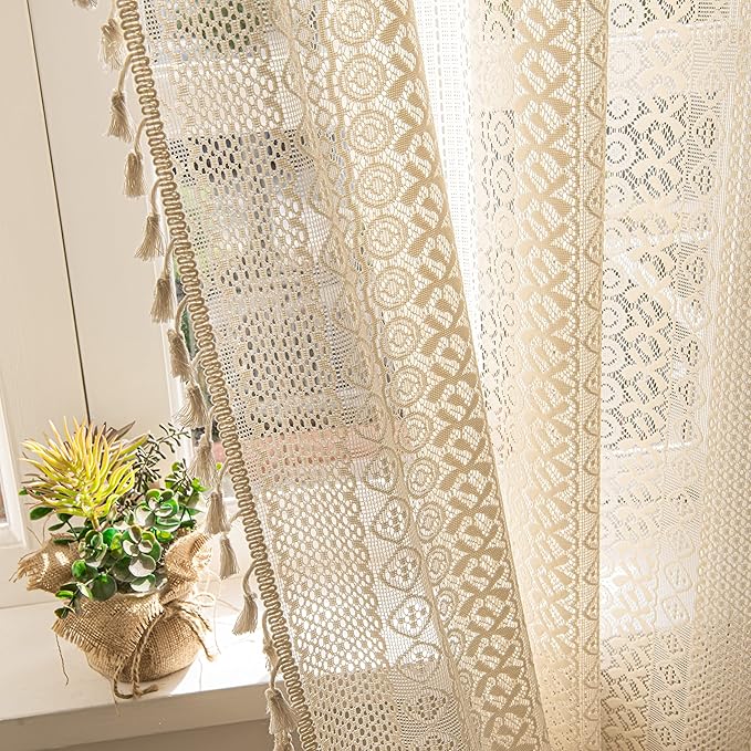 Sutuo Home 2 Panels Boho Curtains 96 Inches Length for Bedroom, Window Treatments Bohemian Sheer Crochet Lace Vintage Drapes Pair, Beige Geometry Knitted with Handmade Tassels Rod Pocket, 52" x 96"