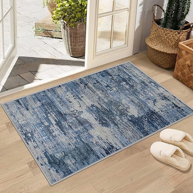 Runner Rug 2'6''x8' Washable Rugs: Machine Washable Hallway Runner Rug with Non Slip Backing Non Shedding Abstract Stain Resistant Carpet for Kitchen Entryway Laundry Bedroom - Beige/Blue