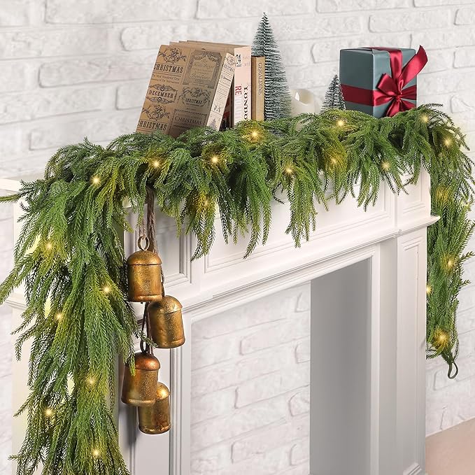 Fovths 1 Pack 12 Feet Christmas Norfolk Garlands Set Artificial Faux Greenery Garland 4 Cow Bell with Jute Hanging Rope Light String Winter Pine Garland for Xmas Indoor Holiday Decor, Green