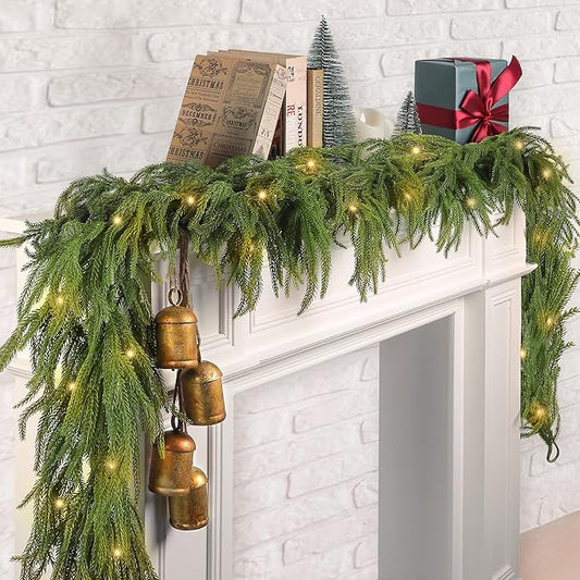 Fovths 1 Pack 12 Feet Christmas Norfolk Garlands Set Artificial Faux Greenery Garland 4 Cow Bell with Jute Hanging Rope Light String Winter Pine Garland for Xmas Indoor Holiday Decor, Green