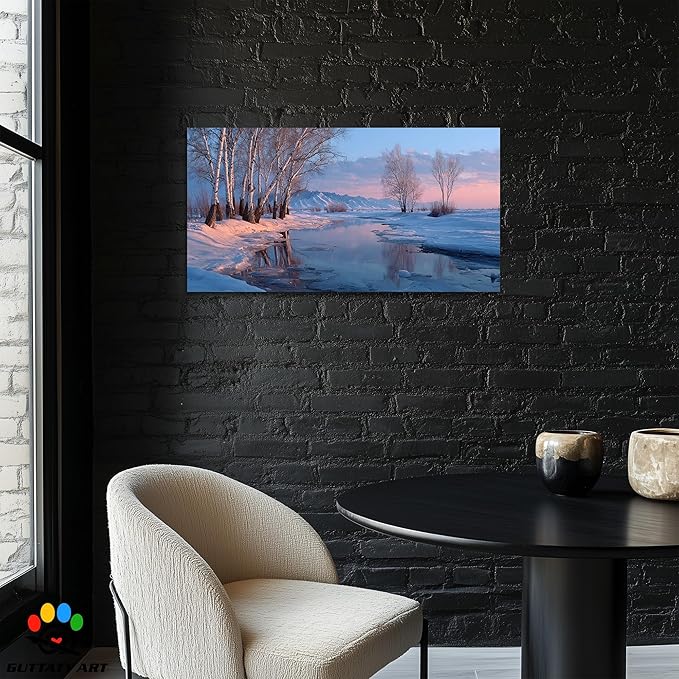GUTTATY Christmas Winter Birch Canvas Wall Art, Snowy River Landscape Canvas Painting, Tranquil Winter Nature Scene Pictures Prints for Living Room, Bedroom, Holiday Hanging Artwork, 24x12 Inch