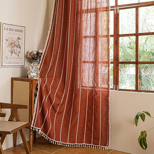Sutuo Home Boho Curtains for Bedroom Nursery, Bohemian Light Filtering Orange Privacy French Country Shabby Chic Tassels Window Treatment Embroidery Drape, Rod Pocket 1 Panel 52" W x 63" L, Terracotta