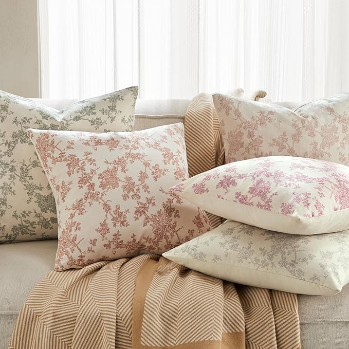 100% Cotton French Pastoral Throw Pillow Covers Set of 2, 18x18 Inch Taupe Farmhouse Decorative Cushion Covers for Sofa Bed Living Room Home Decor
