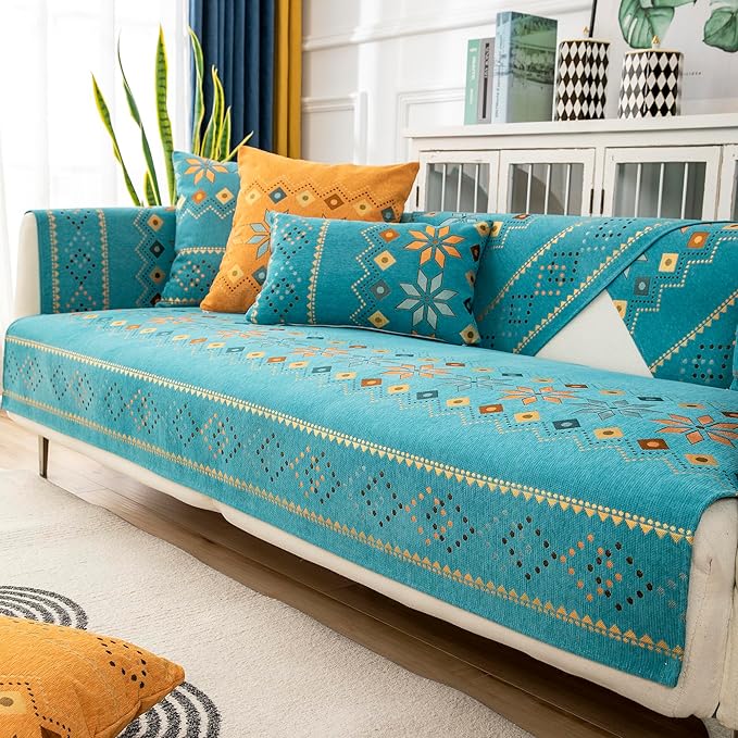 Boho Chenille Couch Covers,Geometric Couch Covers for Sofa,Chenille Couch Cover Non Slip,Sectional l Shaped Sofa Furniture Protector Cover for Home Decor,Lake Blue_2 Seat 28x59in/70x150cm