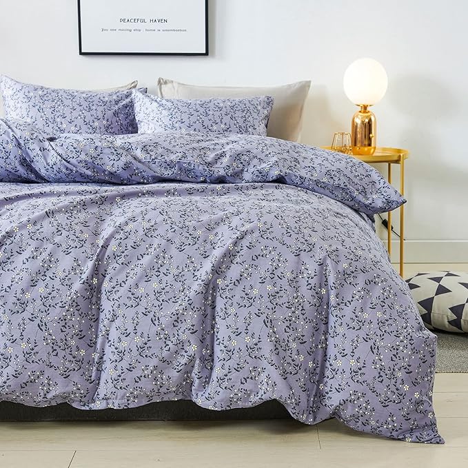 HoneiLife Duvet Cover King Size - 100% Cotton Comforter Cover Floral Duvet Cover Sets,Pale Purple Duvet Cover with Zipper Closure and Corner Ties,3pcs Wildflower Comforter Cover Sets- Lavender Grey