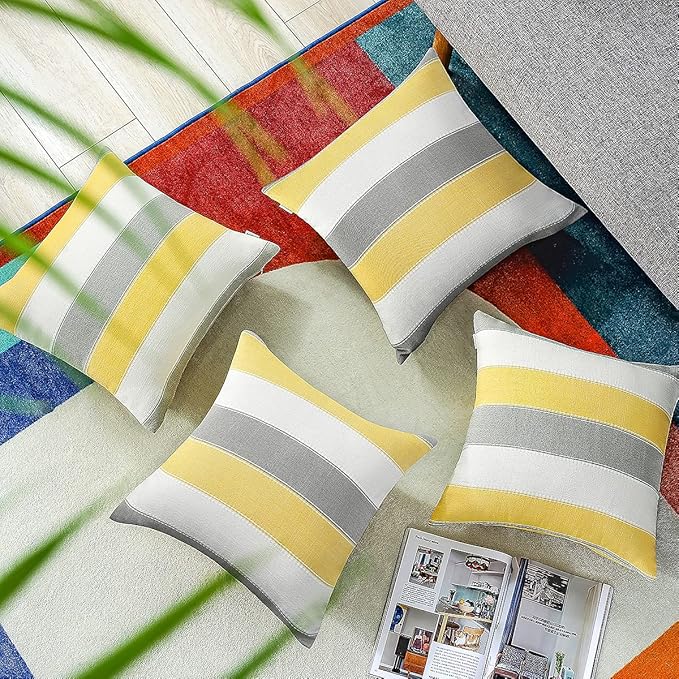 AmHoo Pack of 2 Farmhouse Stripe Check Throw Pillow Covers Set Case Cotton Linen Decorative Pillowcases Cushion Cover for Couch Bench Sofa 18x18Inch Yellow Beige
