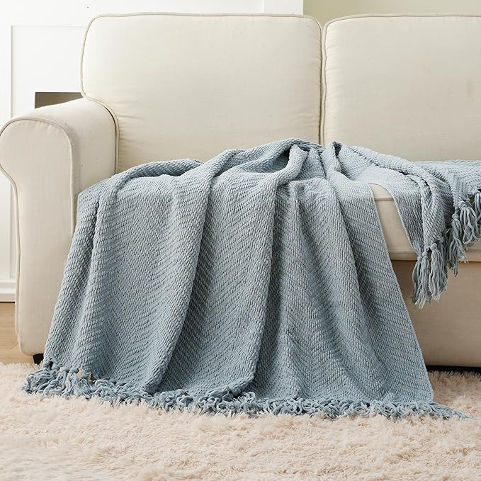 BATTILO HOME Bluish Grey Chenille Throw Blanket for Couch, Knit Throw Blanket,Super Soft Warm Home Decor Throw Blanket with Tassels for Bed,Sofa and Living Room,60" x 80"