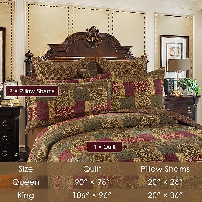 Loom and Mill Luxury Quilt Set 3 Piece, Traditional Patchwork Quilted Bedspread Queen Size with 2 Shams, Soft Lightweight Jacquard Bedding Coverlet Set for Christmas All Season (Red Gold, Queen)