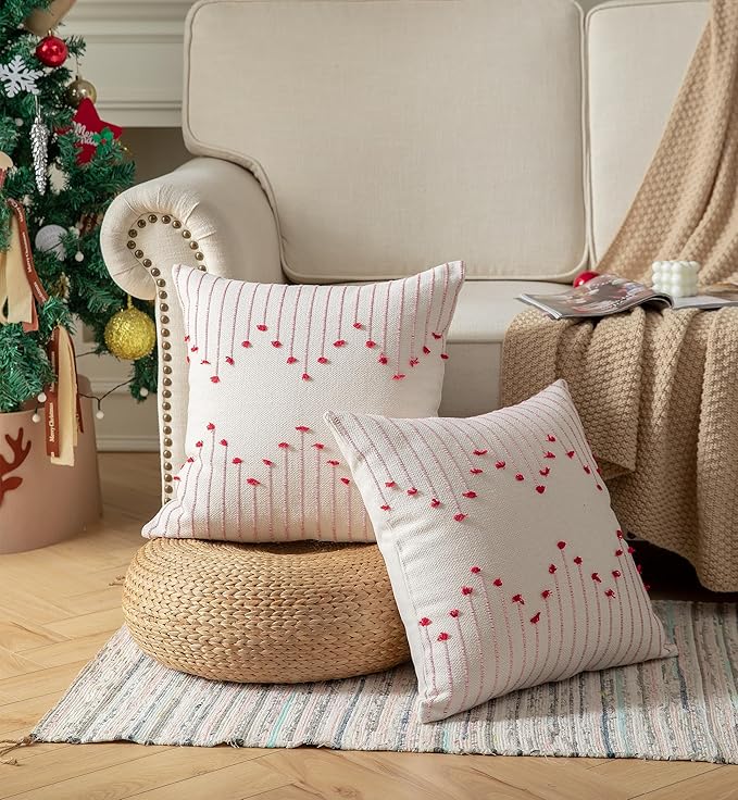 Caflife Boho Christmas Throw Pillow Covers 22x22 Set of 2, Holiday Christmas Decorative Pillow Covers Beige with Red Line for Modern Farmhouse Couch Sofa Bedroom Living Room Outdoor