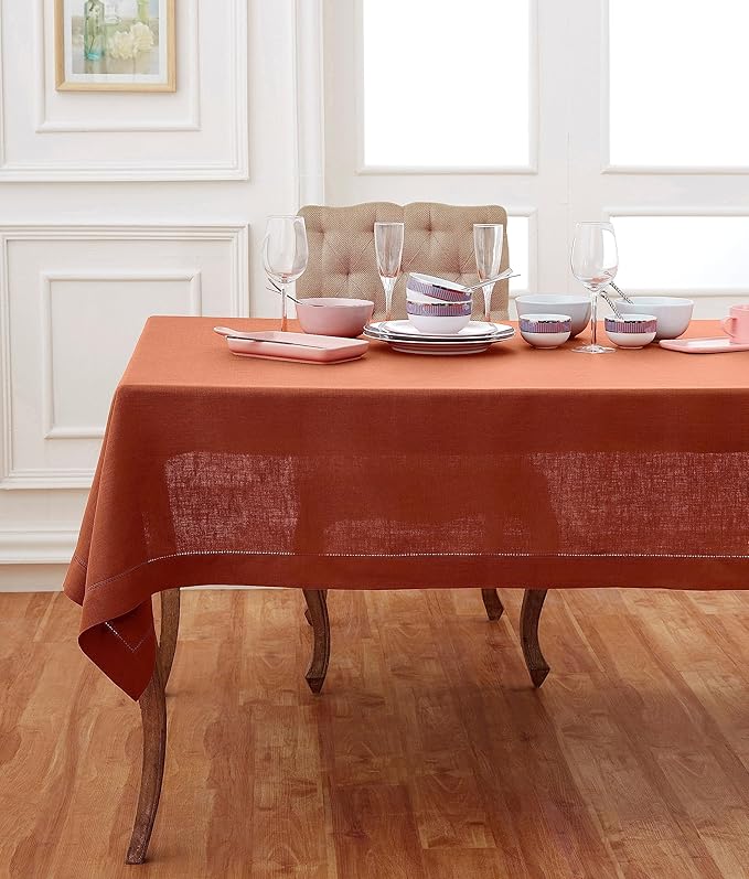 Solino Home Linen Cinnamon Tablecloth 60 x 144 Inch - Classic Hemstitch, 100% Pure Linen Rectangular Tablecloth - Machine Washable Table Cloth for Fall, Autumn, Thanksgiving