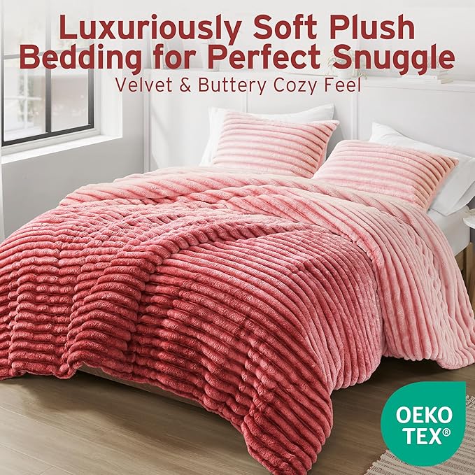 Intelligent Design Twin Comforter Set, Plush Bedding, Microfiber Reverse, 2 Piece, Lightweight, Super Soft Ribbed Velvet Comforter 1 Sham, All Season Fluffy Bed Set, Avril, Twin/Twin XL Blush Ombre