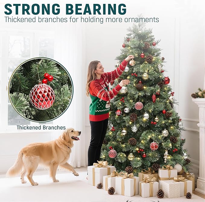 YITAHOME 7.5ft Prelit Carolina Pine Christmas Tree with Remote, Artificial Green Hinged Christmas Tree w/ 1200 Mixed Tips, Pine Needles, 45 Pinecones, 48 Red Berries, 400 Lights & 11 Modes
