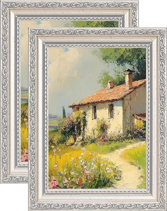 eletecpro 5x7 Picture Frames Set of 2, Vintage Photo Frames with Real Glass, Displays 4x6 Photo with Mat or 5x7 without Mat for Tabletop or Wall Decor, Silver Beige