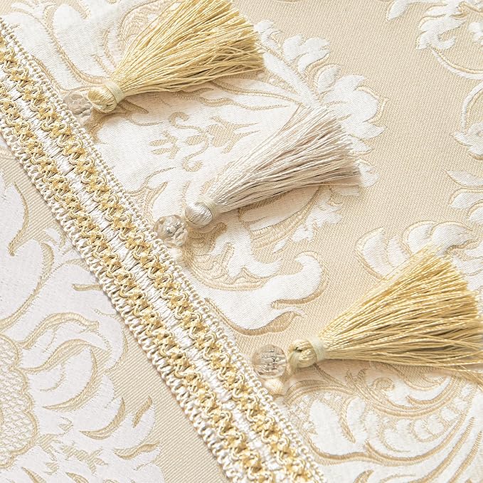 Loom and Mill Elegant Jacquard Table Runner 72 inches Long, Luxury Floral Table Runners with Handmade Multi-Tassels for Dining Room Dresser Party Holiday Banquet Decoration (Beige+White,13x72 inch)
