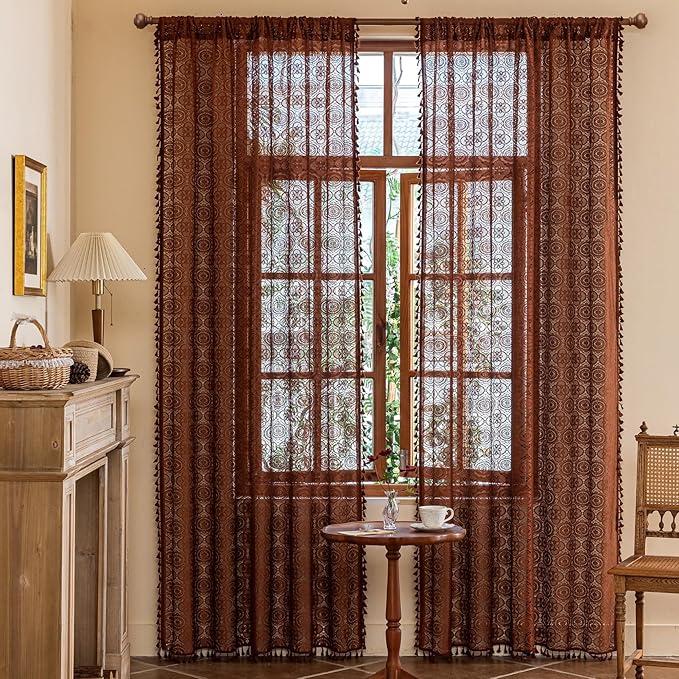YJ YANJUN Brown Sheer Curtains 84 Inches Long 2 Panels Boho Crochet Lace Curtains with Tassel for Living Room Closet Door Rustic Privacy Bohemian Farmhouse Drapes W59 x L84 Caramel Brown/Mocha