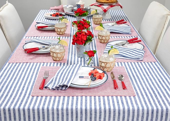 Solino Home Linen Tablecloth 60 x 90 Inch - Amalfi Stripe 100% Pure Linen Navy and White Table Cloth for Rectangle Tables - Machine Washable Tablecloth for Autumn, Thanksgiving, Christmas, Winter