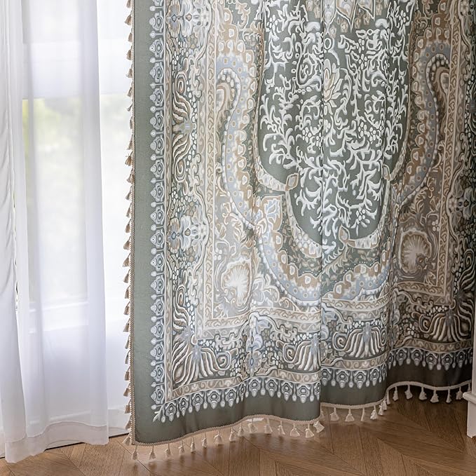 Popular Handicrafts Printed Curtains for Living Room 84 Inches Long Indian Hippie Bohemian Curtains Rod Pocket Light Filtering 2 Panels, Green