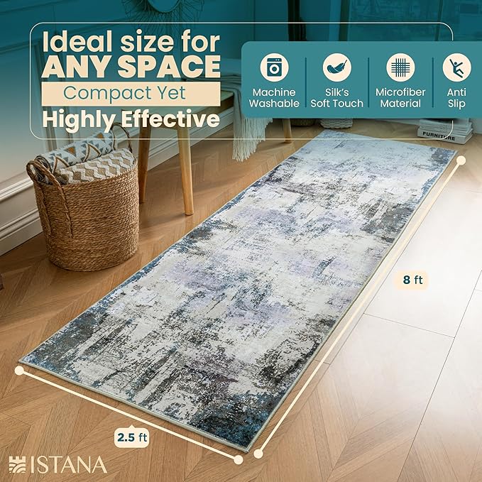 Istana Hallway Runner Rug 2.5x8 - Grey Navy Kitchen Rugs Non Slip Washable -Silk's Soft Touch Carpet Runner - Stylish Rugs for Home