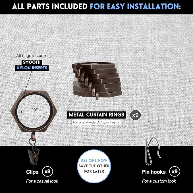 BlastHome® Luxury Curtain Rings - Premium Metal with Quiet, Smooth Nylon Inserts - Pinhooks and Clips Included - 1 1/2" Inside Diameter - 9 Rings for One Standard Curtain - Oil Rubbed Bronze
