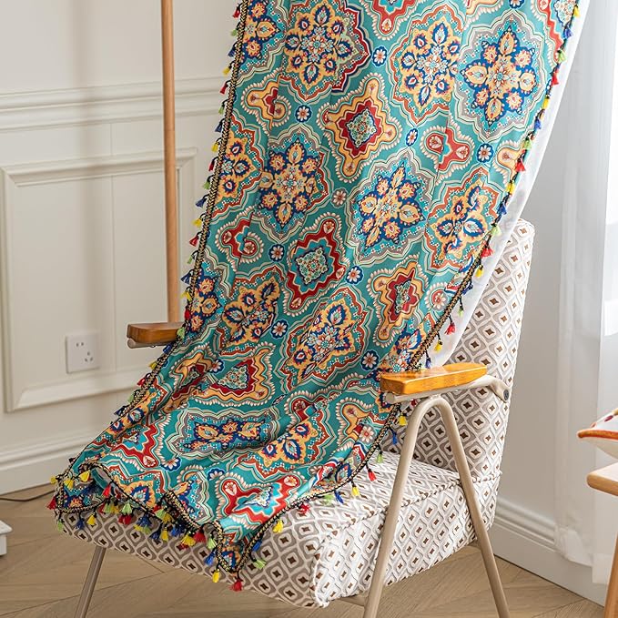 Boho Curtains Geometric Light Filtering Semi-Blackout Window Curtains 96 Inches Long Rod Pocket Drapes for Living Room 2 Panels-Geometric Blue