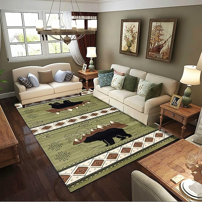 Rustic Cabin Area Rug, 4x6ft, Western Country Wildlife Bear Floor Carpet, Vintage Boho Geometric Pattern Green Rugs, Soft Non Slip Low Pile Carpet for Living Room Bedroom Office