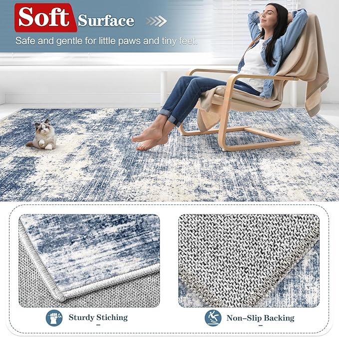 9x12 Area Rugs for Living Room: Washable Modern Abstract Rug Large Soft Non Slip Living Room Rug Indoor Low Pile Carpet for Bedroom Dining Room Home - Blue